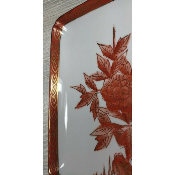 Hand Painted Red Gold Gilt Bird Floral Home Decor Porcelain Square Serving Plate - Picture 7 of 12